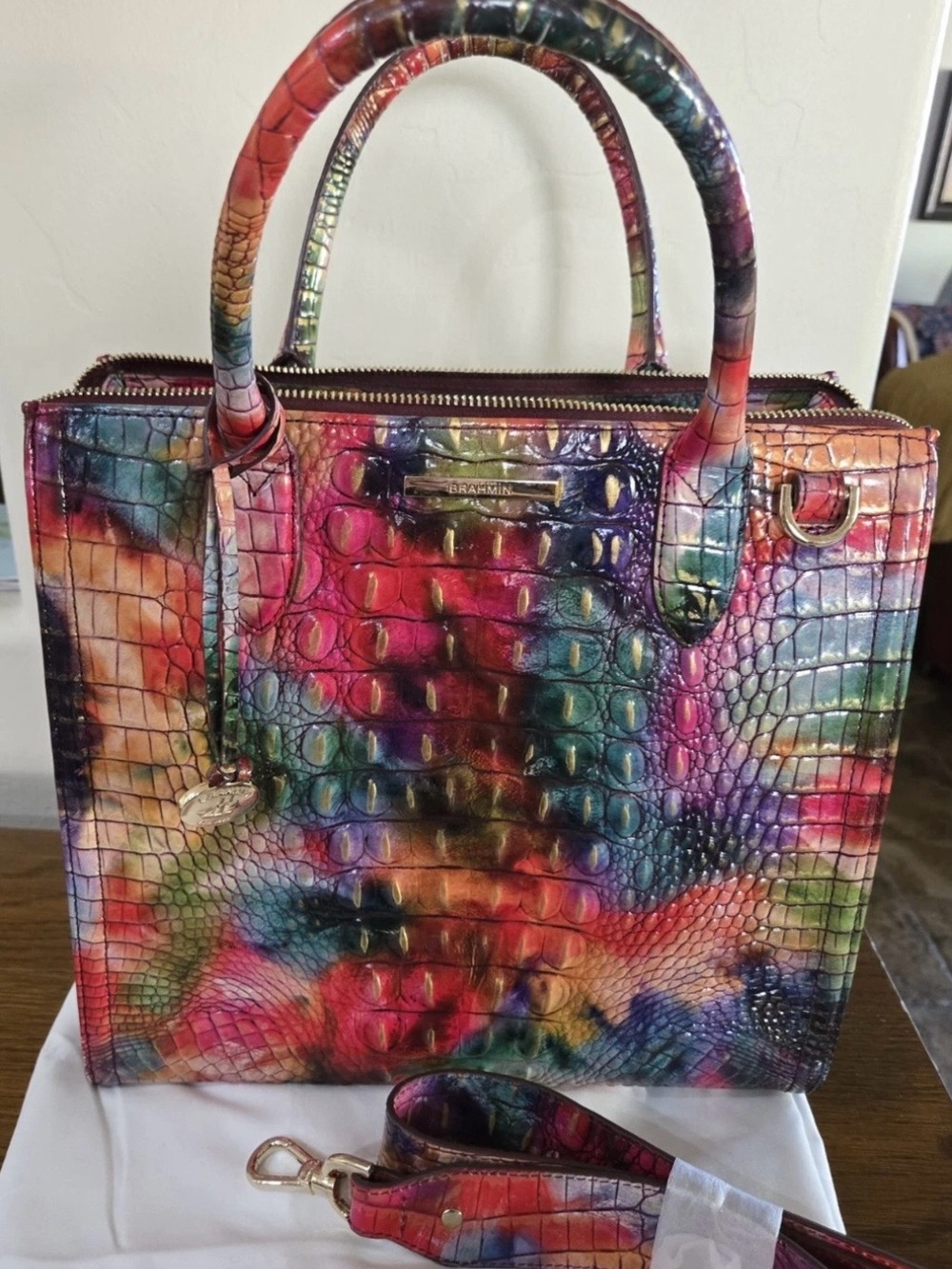 Brahmin Rainbow Croc-Embossed Satchel in Multicolor